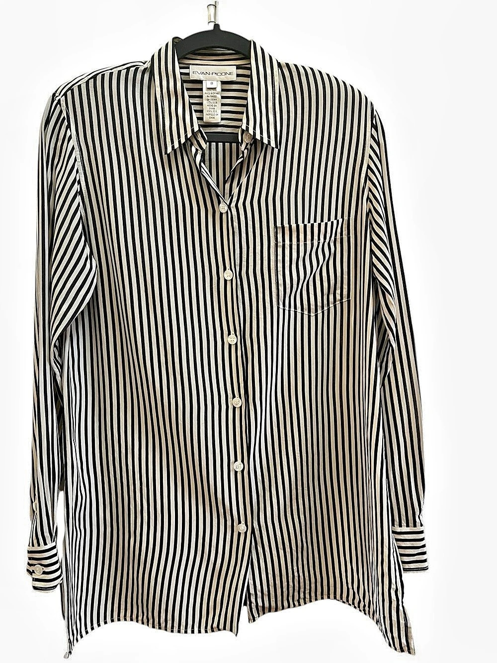 Vintage Evan-Picone 100% Silk Black White Striped Button Down Blouse Sz 8 Office